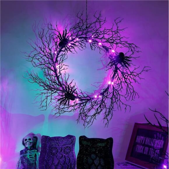 24" Black Spider Halloween Wreath with Purple Lights–Spooky Indoor/Outdoor Decor - Picture 2 of 7